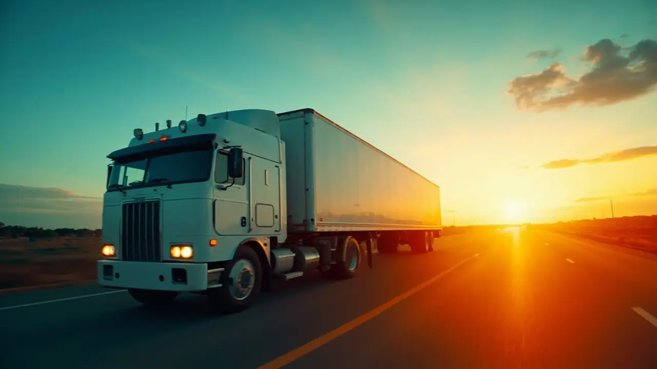 Caminhão baú branco em rodovia urbana brasileira ao entardecer, representando logística e transporte autônomo