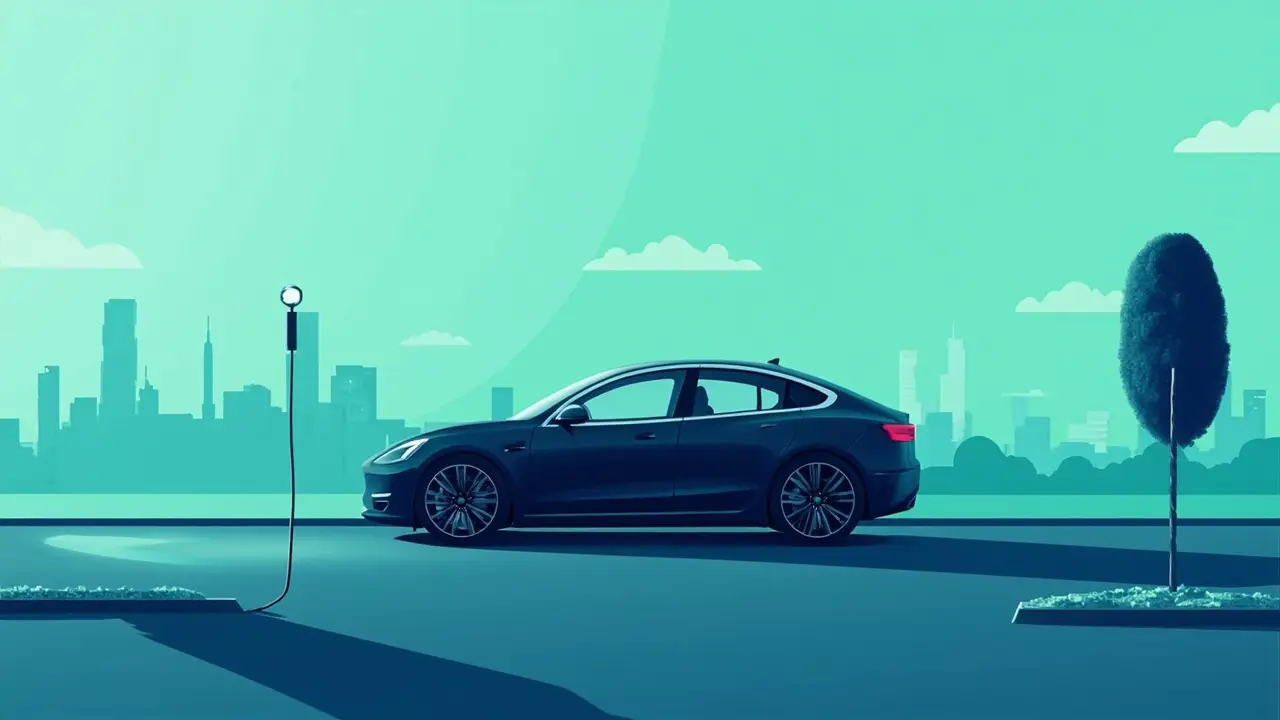 Família com carro elétrico compacto diante de casa com garagem