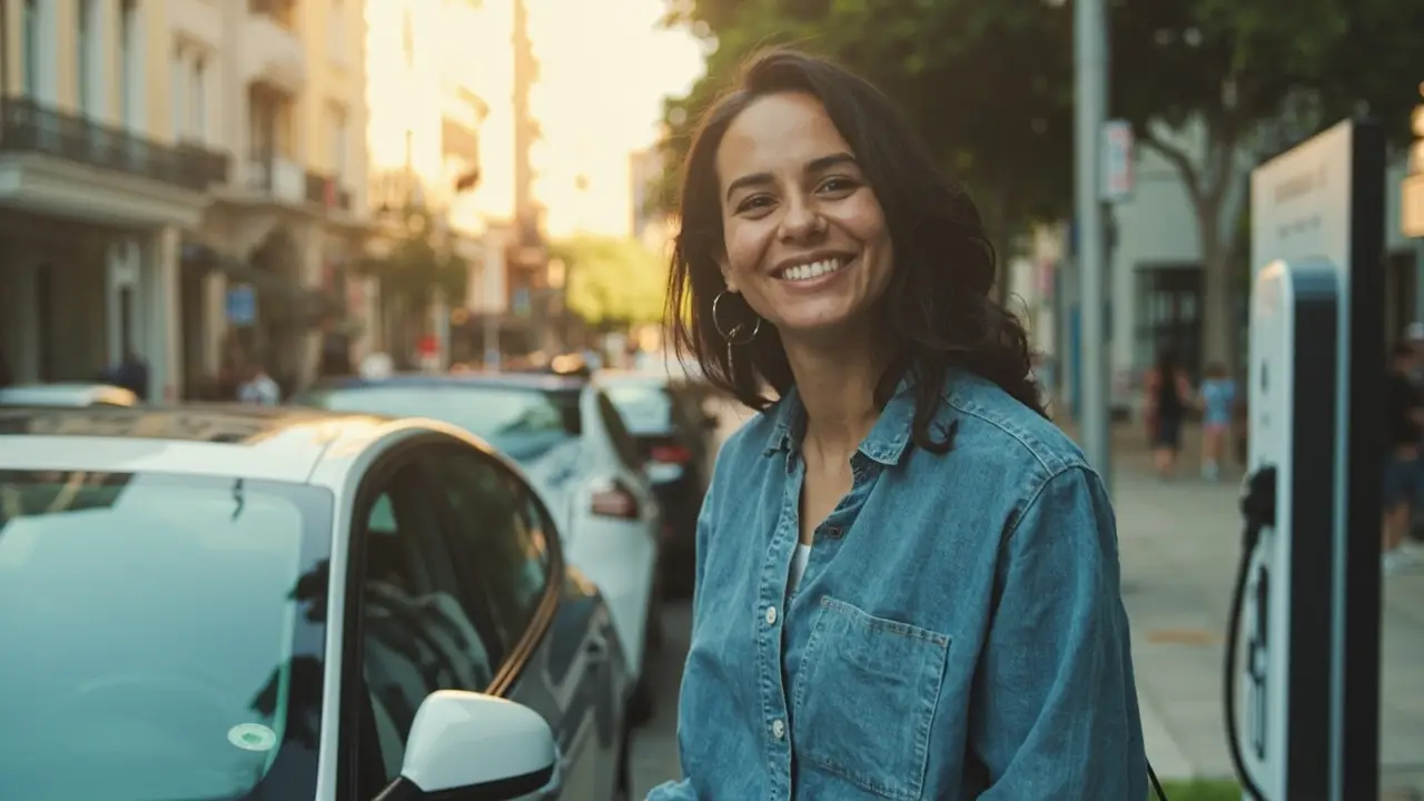 Jovem brasileira ao lado do primeiro carro elétrico adquirido via consórcio de veículo