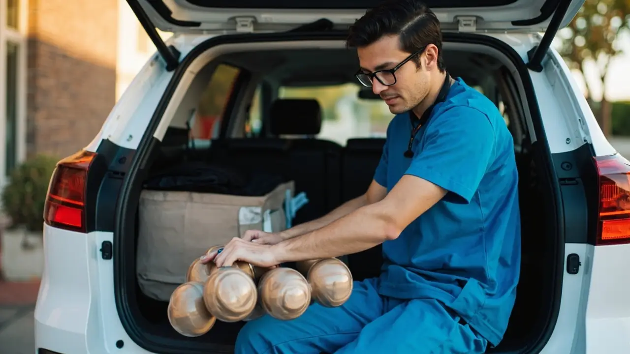 Fisioterapeuta brasileira ao lado do carro de atendimento domiciliar adquirido via consórcio
