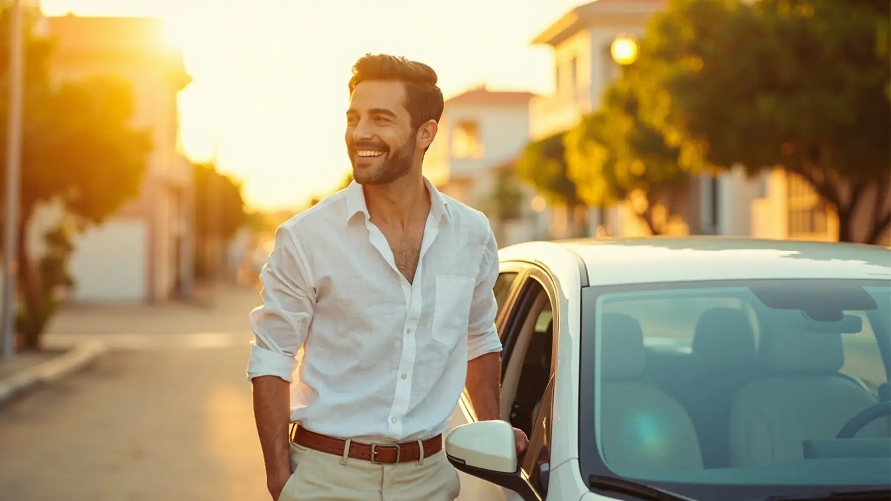 Jovem recém-formado ao lado do primeiro carro próprio conquistado com consórcio de veículo