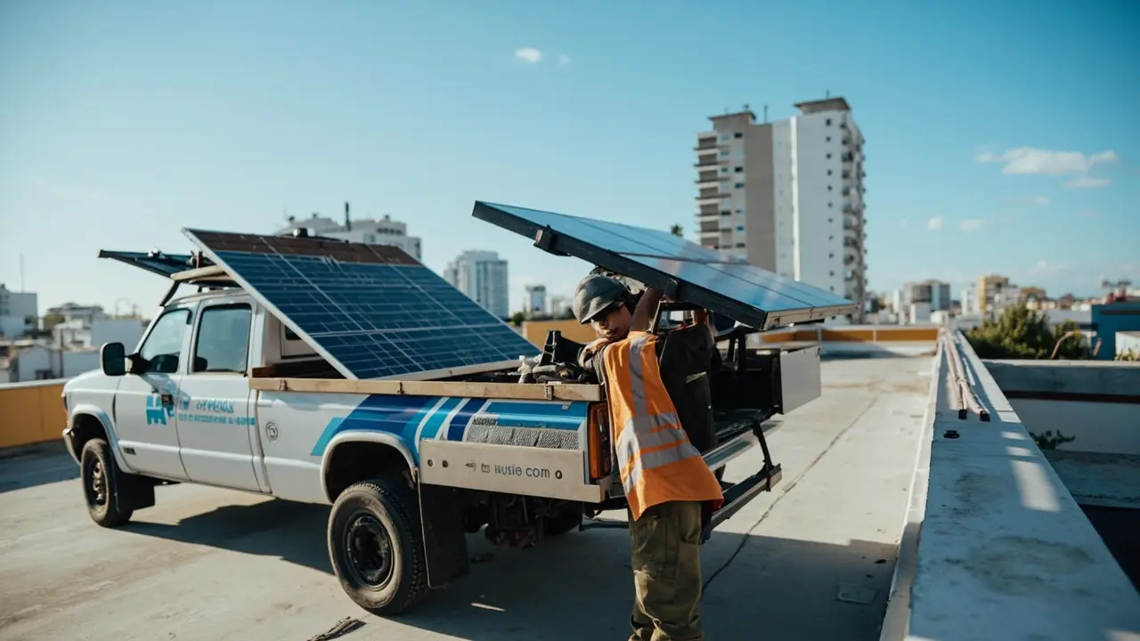Técnico de instalação solar ao lado do veículo próprio para atender obras conquistado via consórcio
