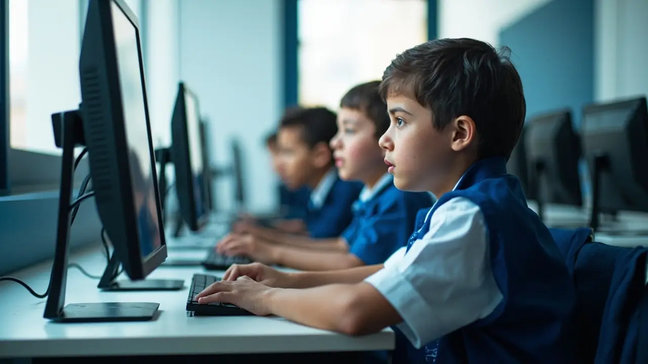 Sala de laboratório de informática vazia com computadores modernos sobre bancadas brancas em escola limpa e iluminada, cadeiras coloridas, janelas com luz natural, sem alunos visíveis