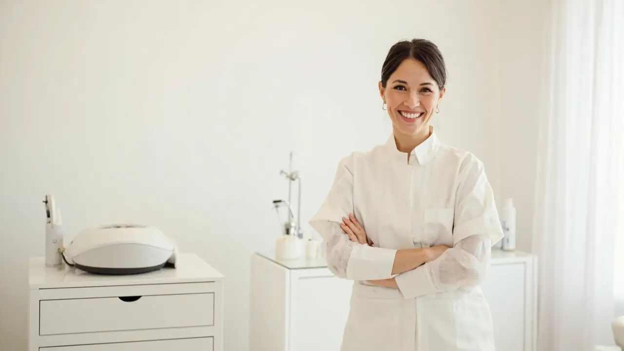 Esteticista brasileira em sua clínica própria com equipamento estético adquirido via consórcio
