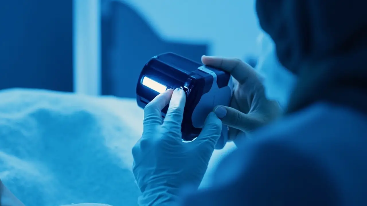 Esteticista brasileira em jaleco branco ajustando equipamento profissional de estética em clínica clara e organizada, expressão de confiança profissional, sem marca no equipamento