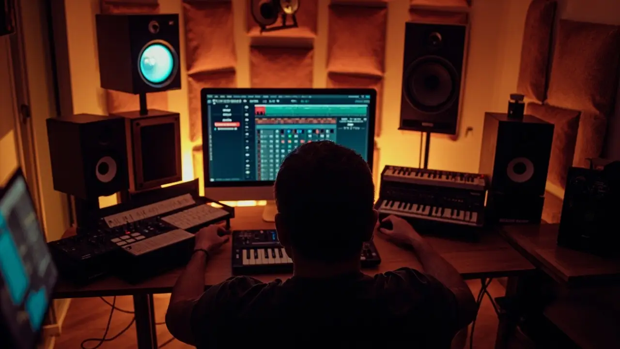 Produtor musical brasileiro no home studio profissional montado com consórcio de equipamento