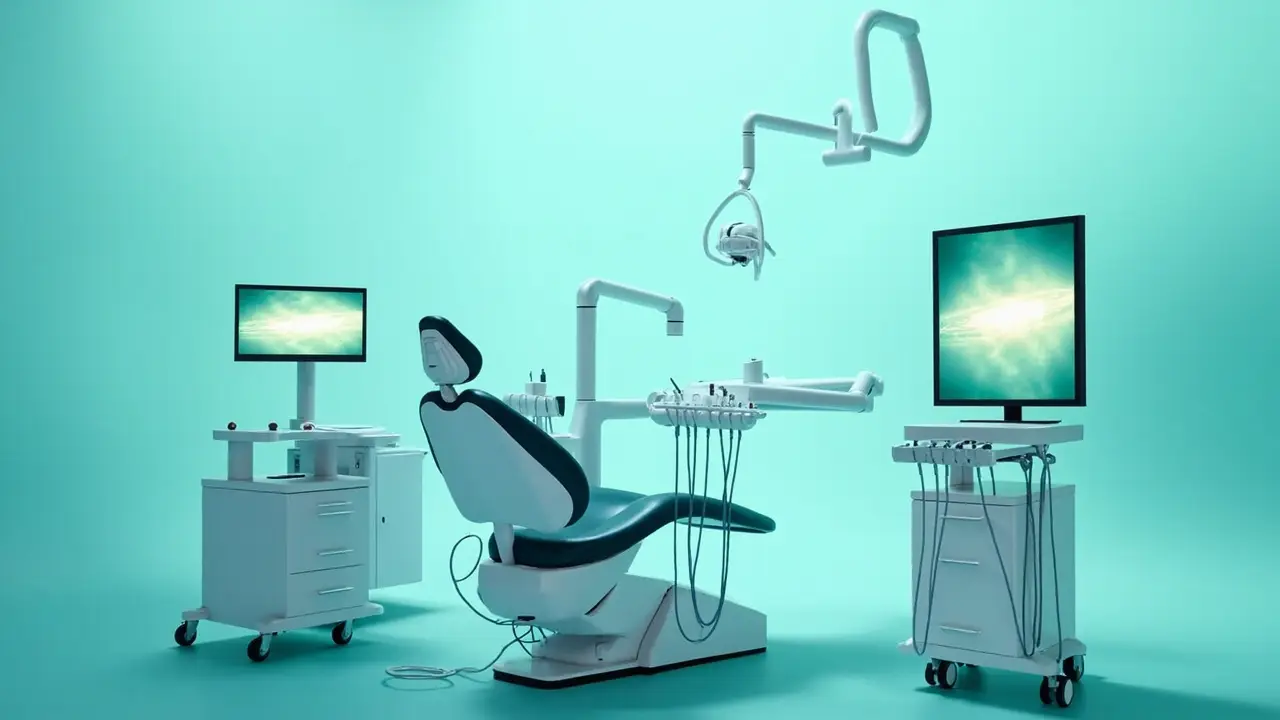 Dentista examinando paciente em consultório moderno com equipamento novo
