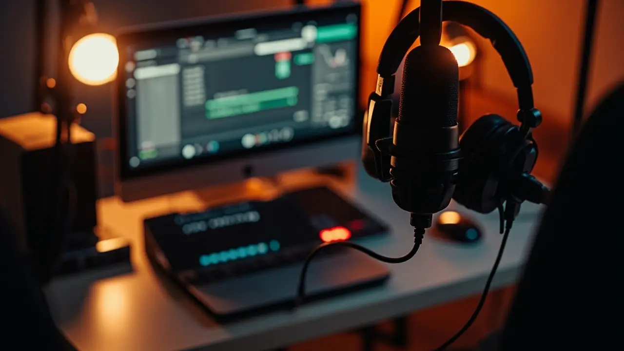 Podcaster brasileiro no estúdio de gravação profissional montado com consórcio de equipamento