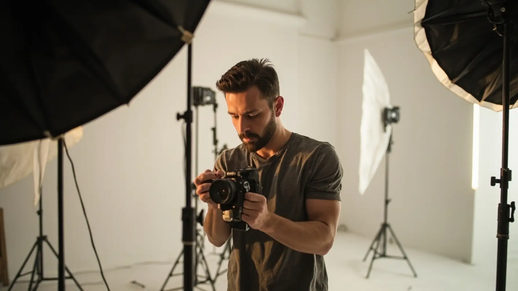 Fotógrafo ajustando equipamento em estúdio fotográfico próprio conquistado com consórcio de equipamento