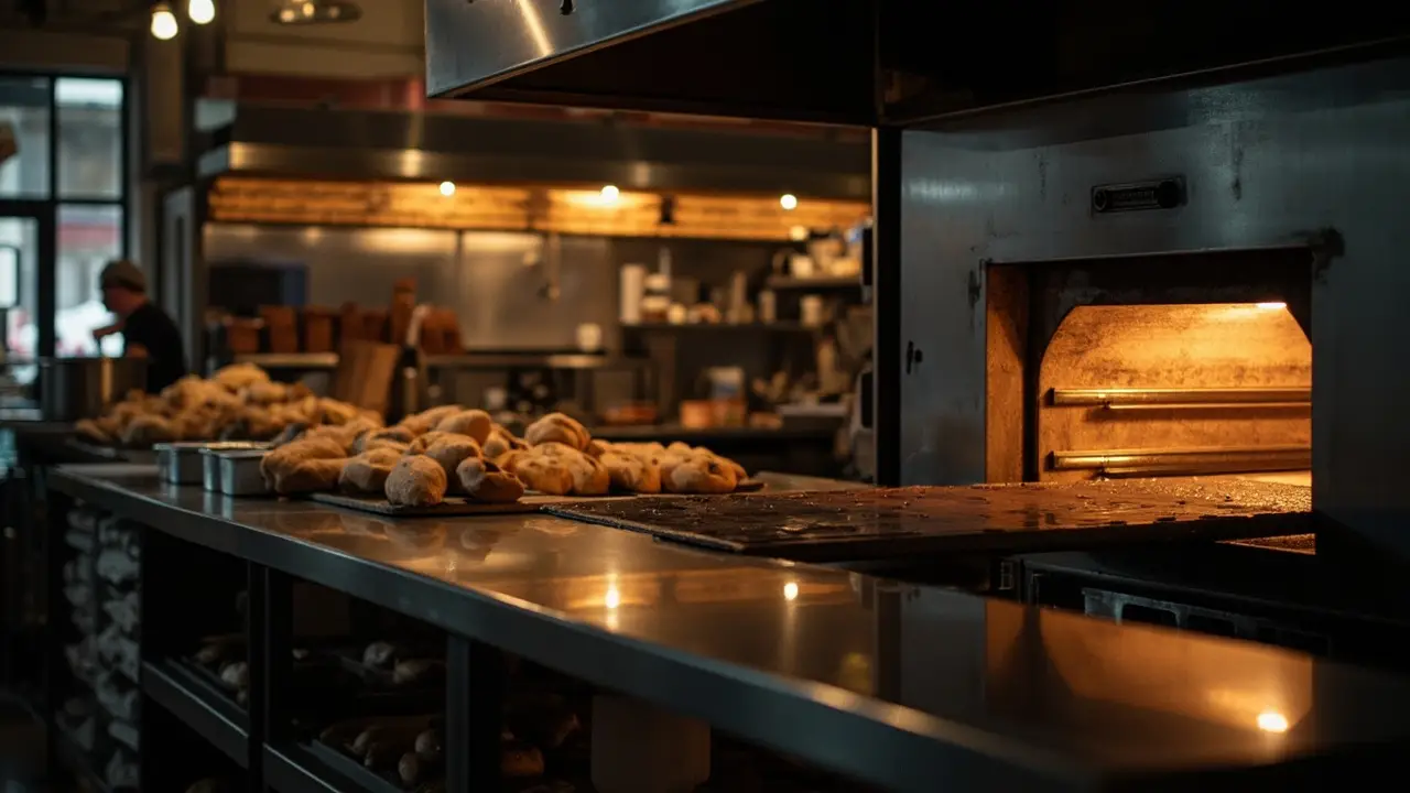 Forno industrial profissional em padaria de bairro brasileira, bancada de produção organizada, ambiente quente e iluminado em luz natural mista