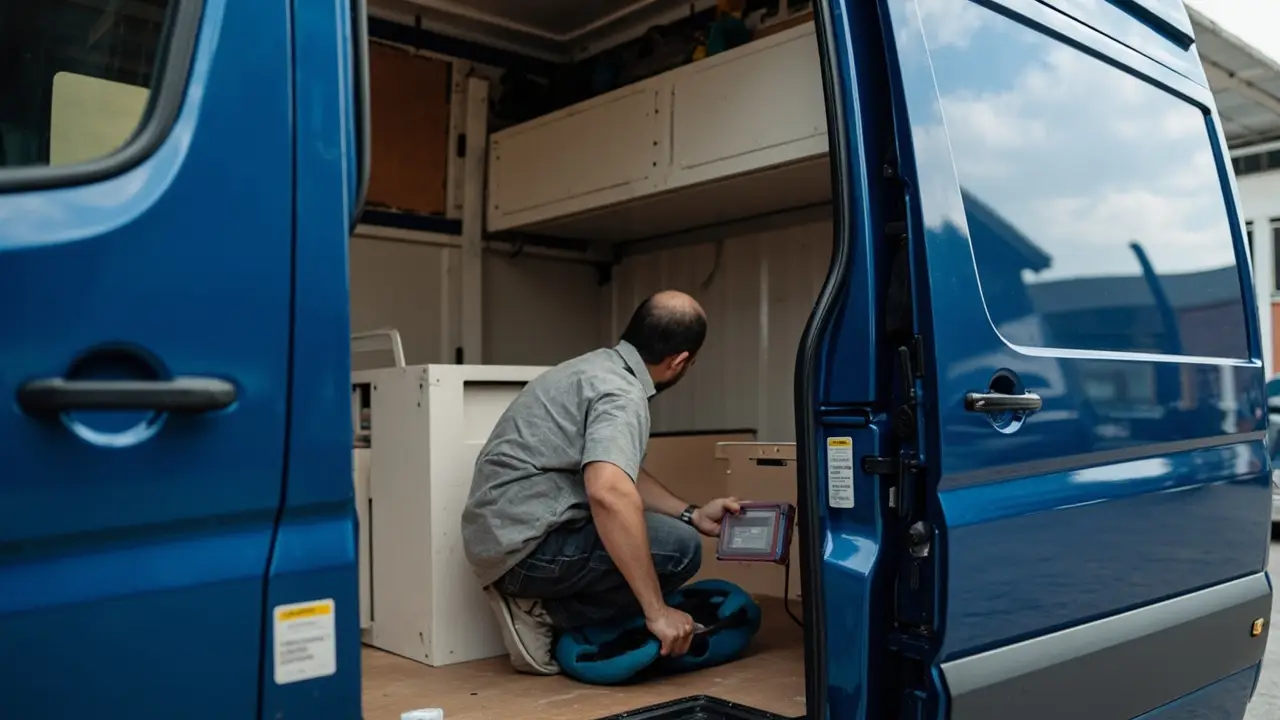 Profissional autônomo brasileiro de serviços em roupa de trabalho limpa abrindo porta traseira de furgão branco compacto cheio de ferramentas arrumadas, rua residencial, manhã clara