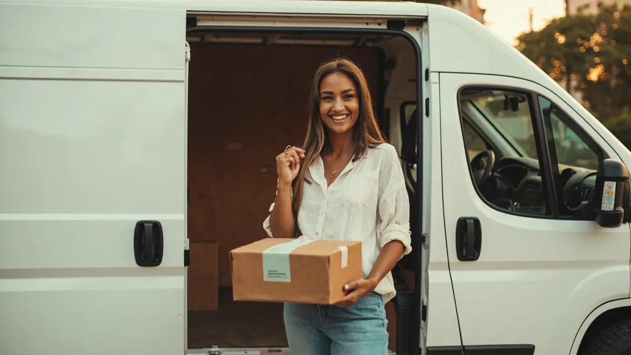 Microempreendedora brasileira ao lado do furgão próprio adquirido com consórcio