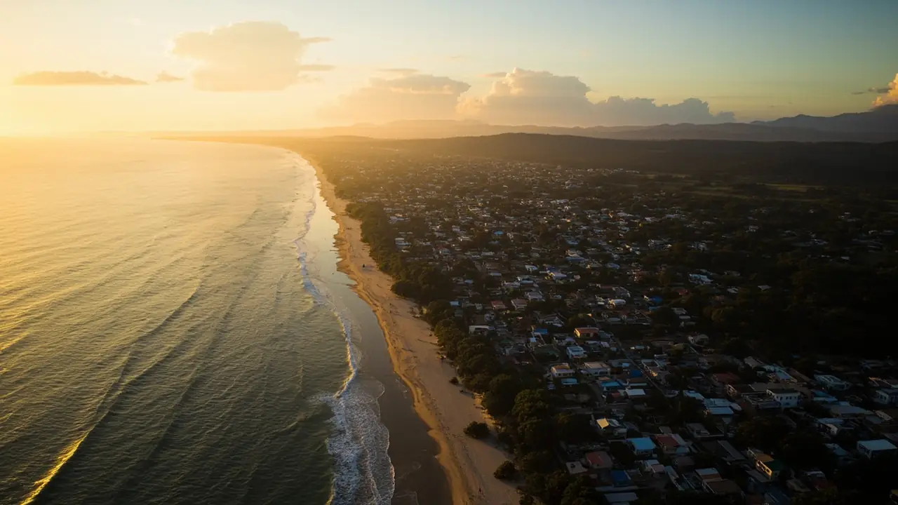 Vista aérea de cidade litorânea brasileira, representando mercado de imóveis para temporada