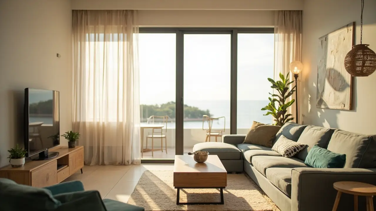 Sala de estar aconchegante de apartamento de temporada, representando investimento em imóvel via consórcio