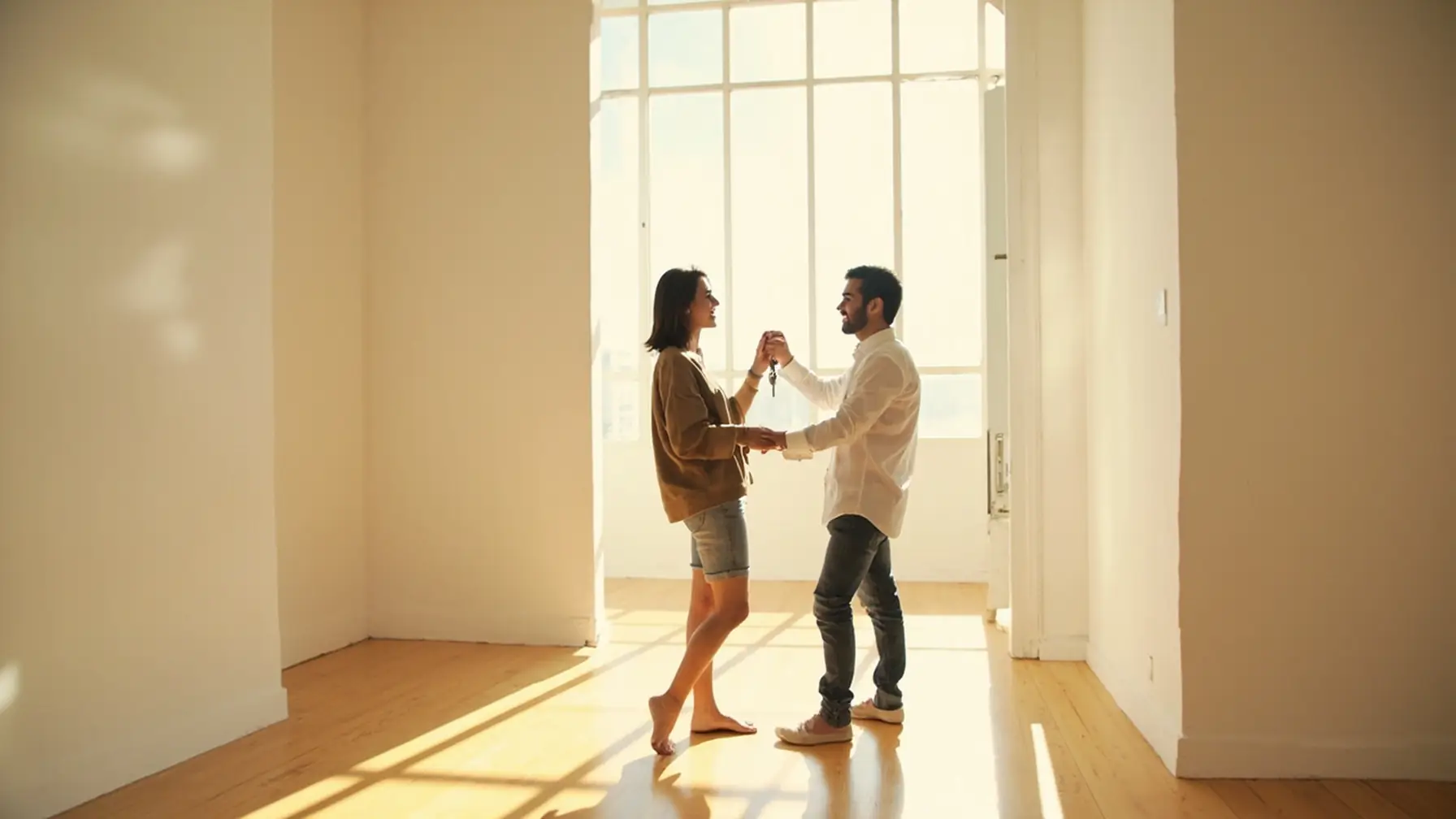 Casal jovem brasileiro com chaves do primeiro apartamento próprio adquirido por consórcio de imóvel