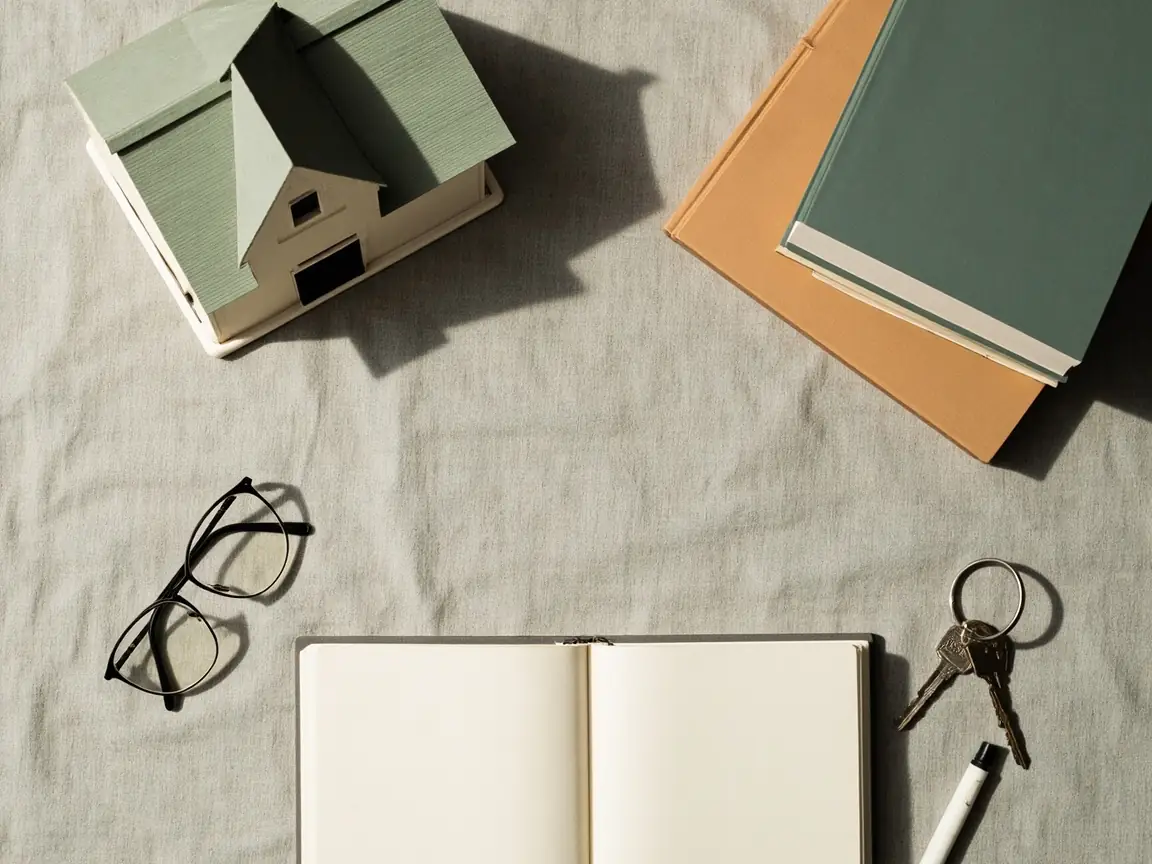 Óculos, livros e chaves de apartamento representando a jornada do professor universitário ao imóvel próprio