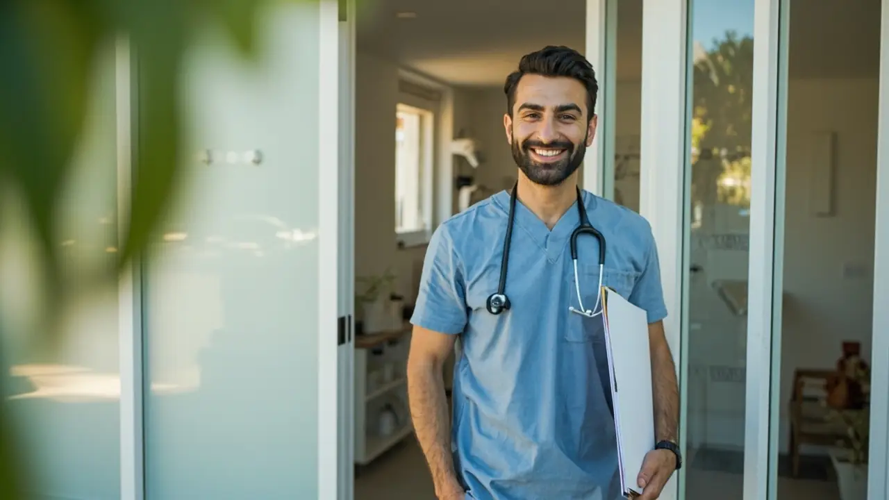 Veterinário brasileiro na entrada da clínica veterinária própria adquirida via consórcio