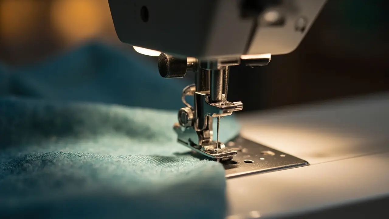 Agulha de máquina de costura industrial com linha colorida sobre tecido, representando produção têxtil profissional
