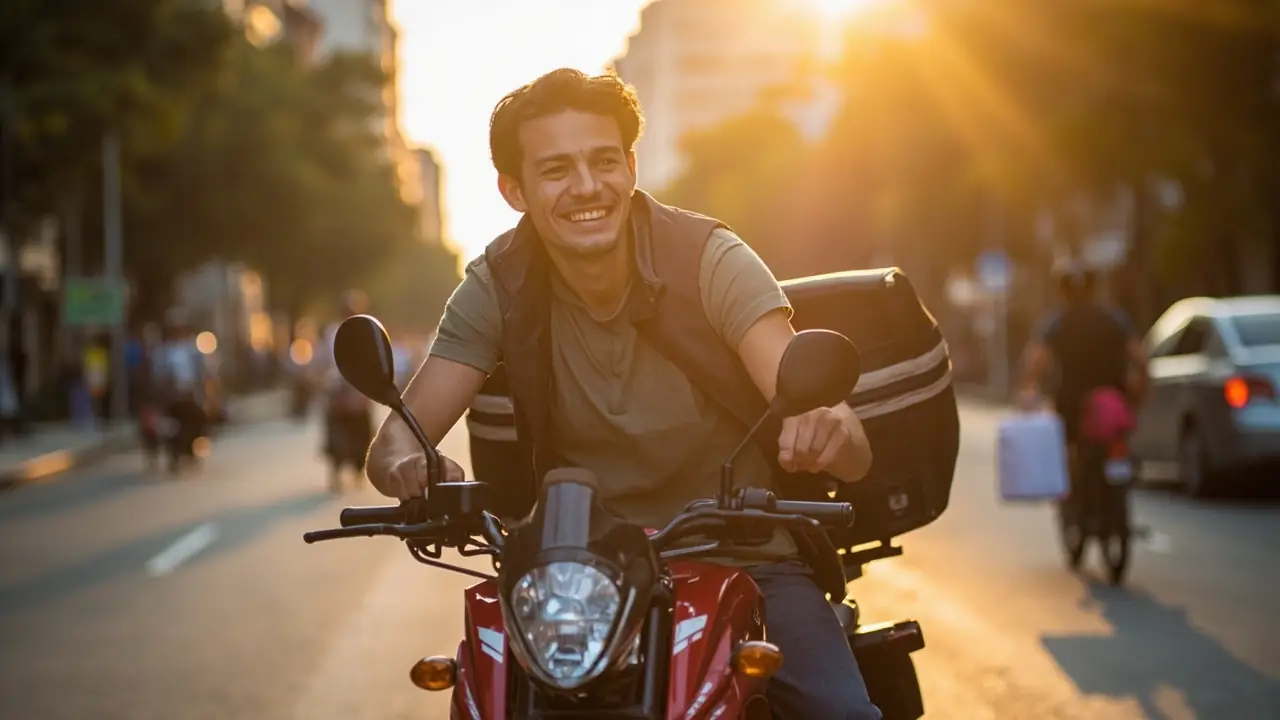 Entregador brasileiro ao lado da moto própria conquistada com consórcio