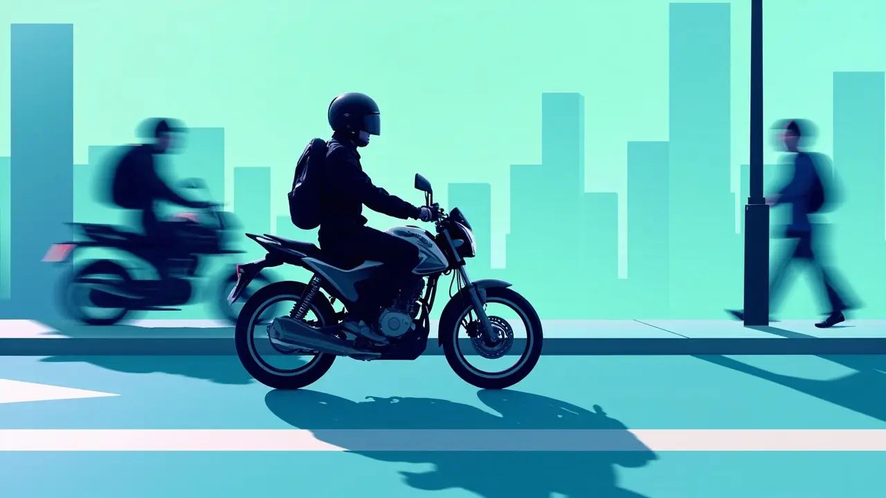Motoboy com capacete em uma moto de delivery em ambiente urbano, representando liberdade profissional