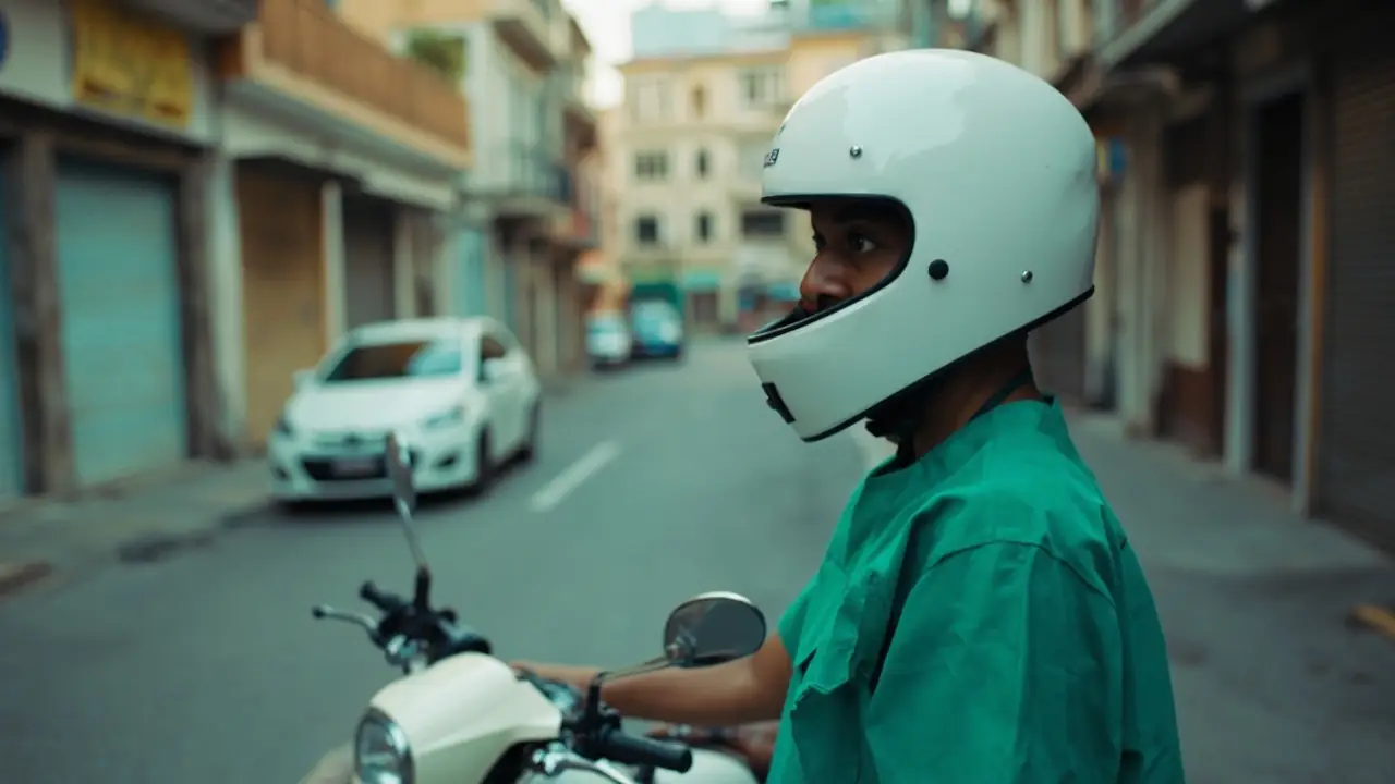 Profissional de saúde em uniforme ao lado de moto em bairro urbano, representando mobilidade para atendimento domiciliar