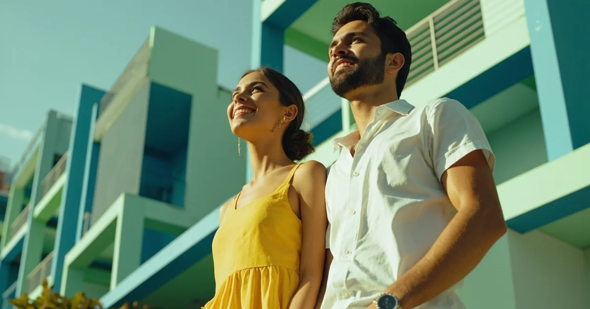Casal jovem brasileiro caminhando em direção à entrada de um apartamento moderno