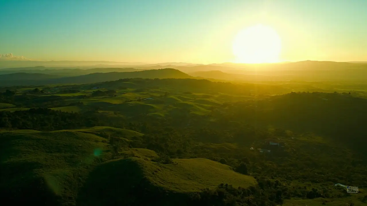 Sítio rural brasileiro ao entardecer com colinas verdes e árvores frutíferas, representando tranquilidade e patrimônio