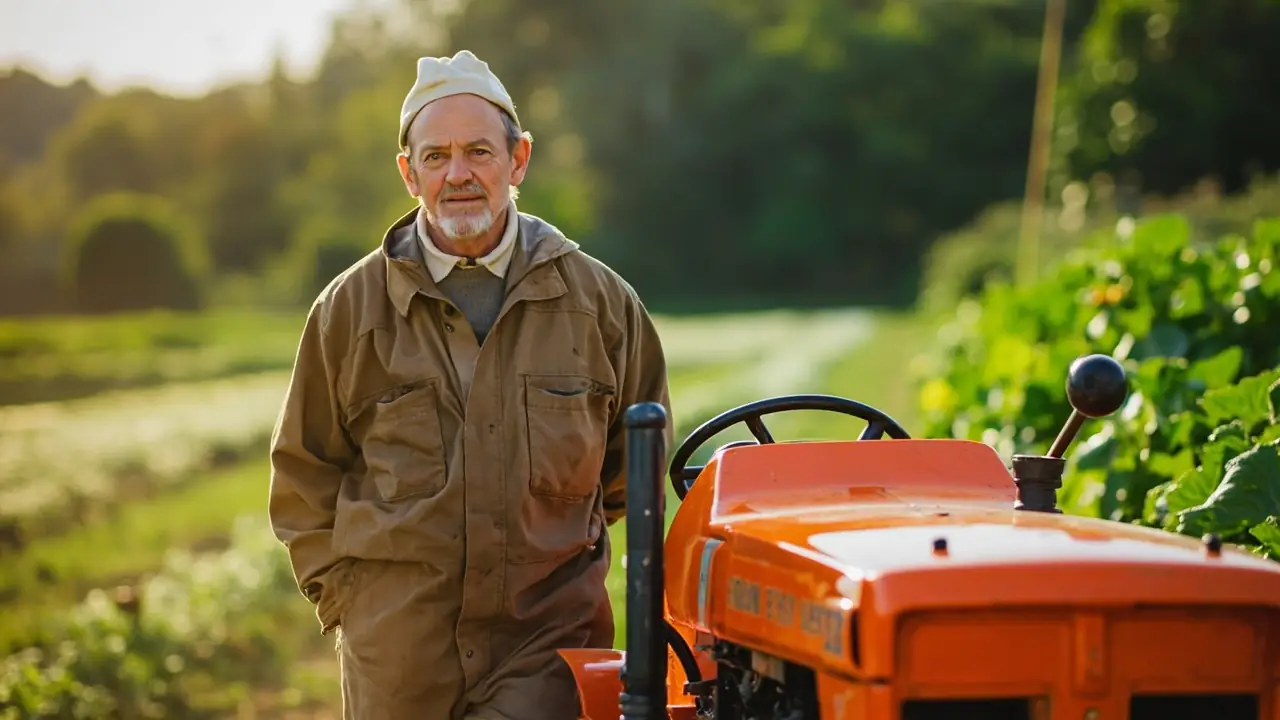 Pequeno produtor rural brasileiro ao lado do trator próprio adquirido com consórcio