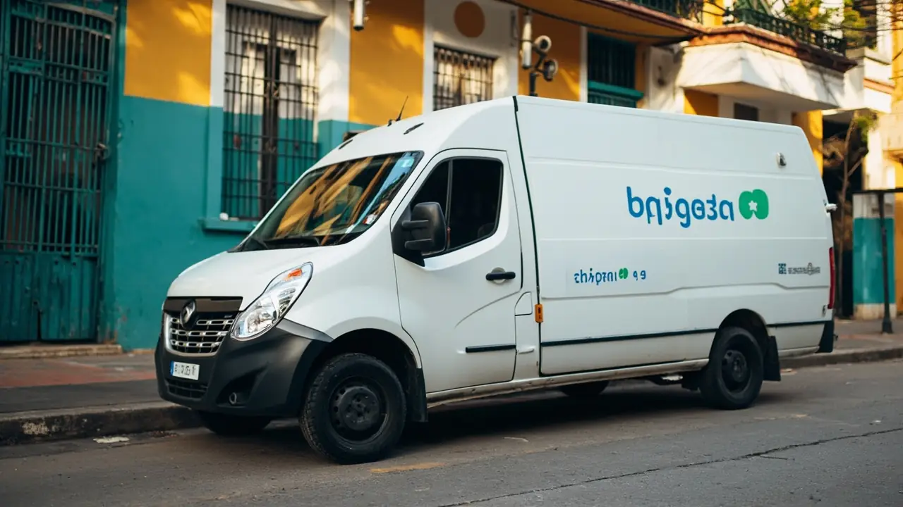 Van branca em rua residencial brasileira próxima a escola, representando transporte escolar autônomo