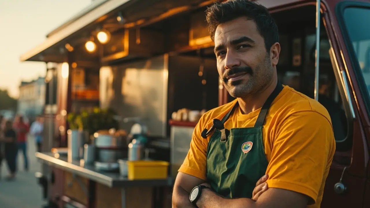 Empreendedor de gastronomia de rua ao lado de food truck próprio adquirido via consórcio de veículo