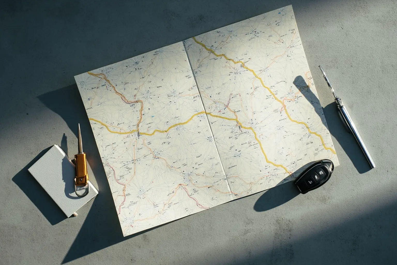 Mapa de rota, chave de carro e caderno representando planejamento de consórcio de veículo para representante comercial