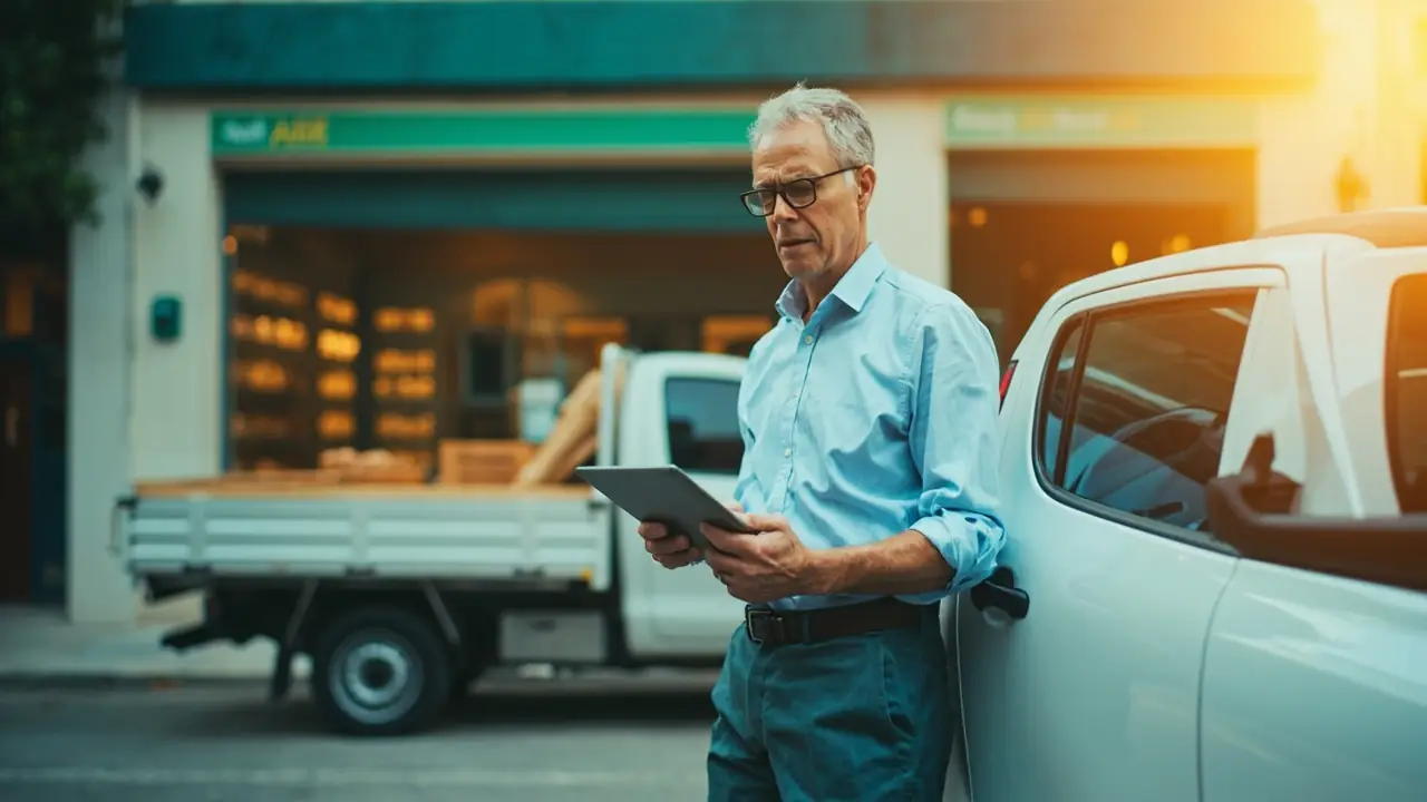 Pequeno empreendedor brasileiro ao lado de utilitário compacto branco novo em frente a padaria modesta, com tablet mostrando rota de entrega em luz da manhã.