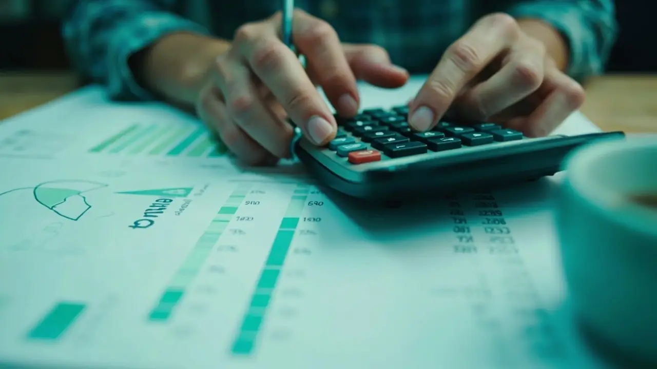 Pessoa calculando percentuais de renda sobre folha de orçamento com gráfico de pizza ao lado.