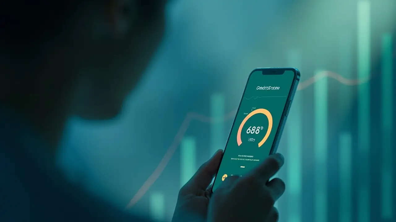 Pessoa olhando relatório de score em celular com gráfico em ascensão ao fundo.
