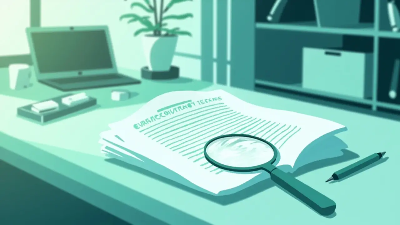 Ilustração editorial de três contratos de crédito sobre a mesa, com lupa em destaque sobre o campo CET de um deles, em paleta azul-marinho com detalhes em verde-menta.